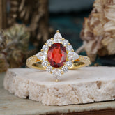 1.5CT Oval Cut Garnet Classic Side Stone 4 Prong Engagement Ring Unique Halo Bridal Ring